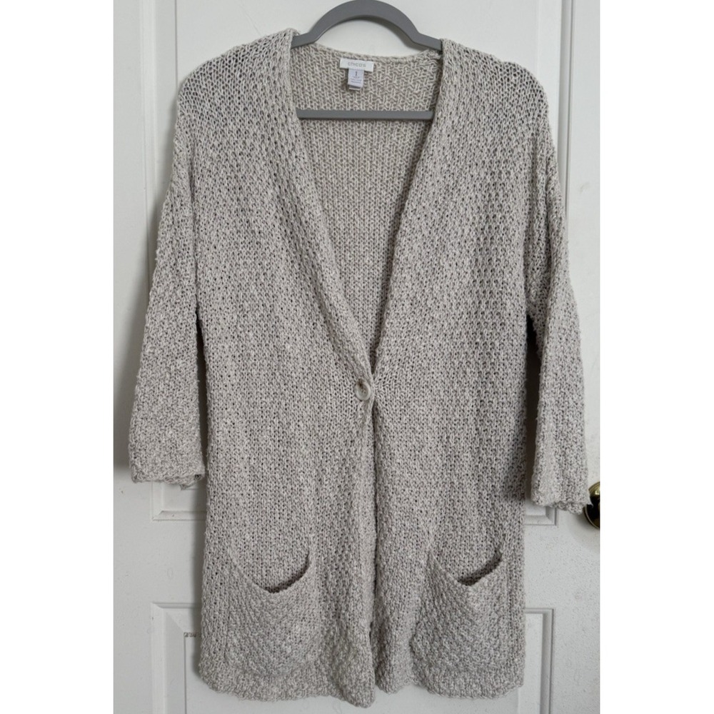 CHICO'S Cardigan‎ sweater open weave knit LIGHT BEIGE Size 1 (medium) 3/4 sleeve